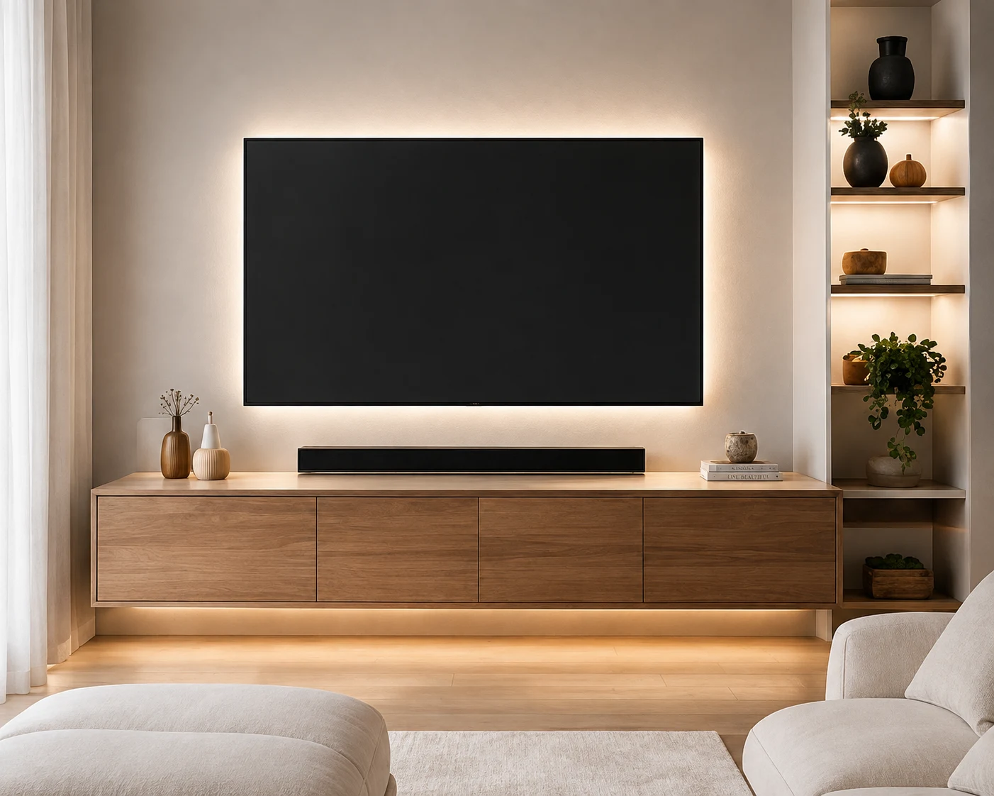 Finished entertainment wall with a floating wood console, mounted television, integrated lighting, and concealed wiring.