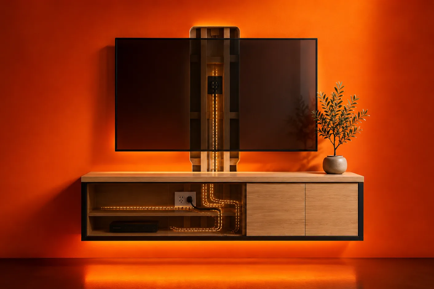 Cutaway entertainment wall showing concealed television wiring, outlet access, and cable routing through the floating console.