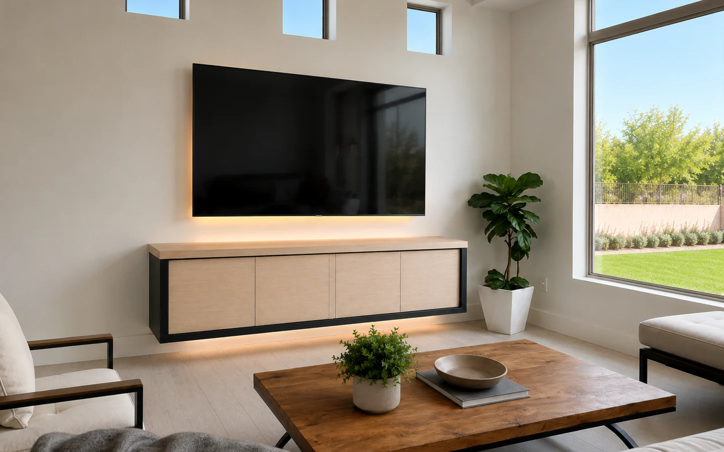 Completed House of Sarault entertainment center installation in a Phoenix home.
