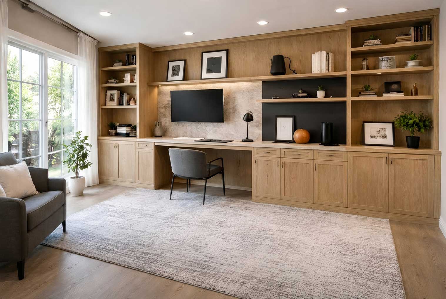 Finished home office with full-wall built-ins and integrated storage.