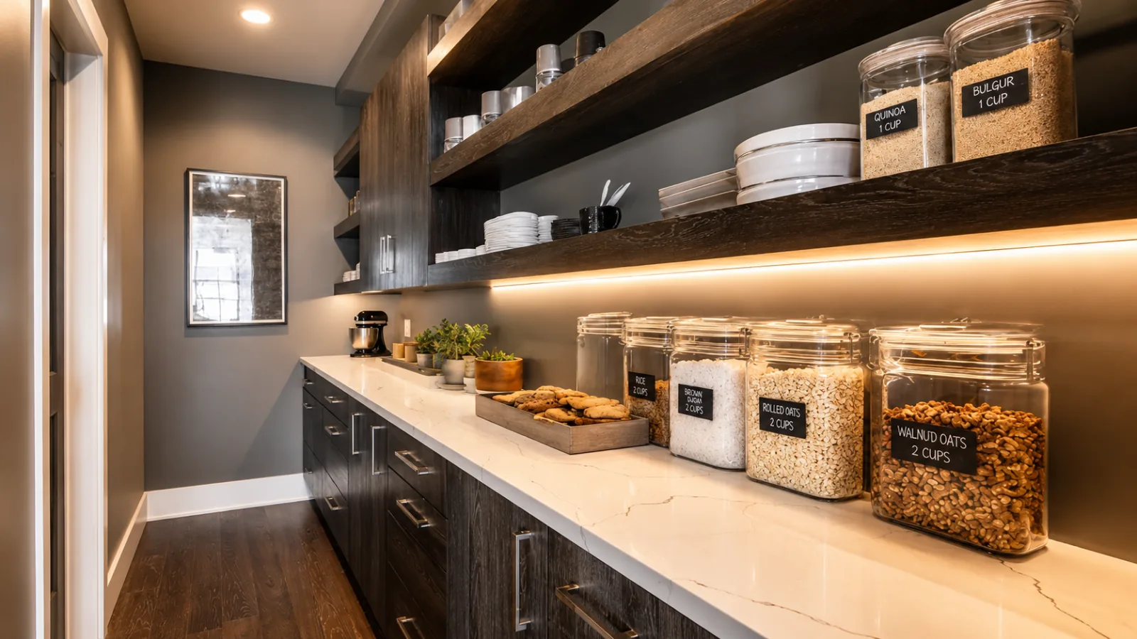Organized custom pantry with open shelving, worktop, integrated lighting, and labeled dry-goods storage.